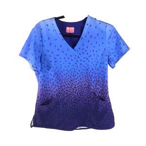 Ava Therese Women's Scrub Top Size Small Blue Purple Black Dots